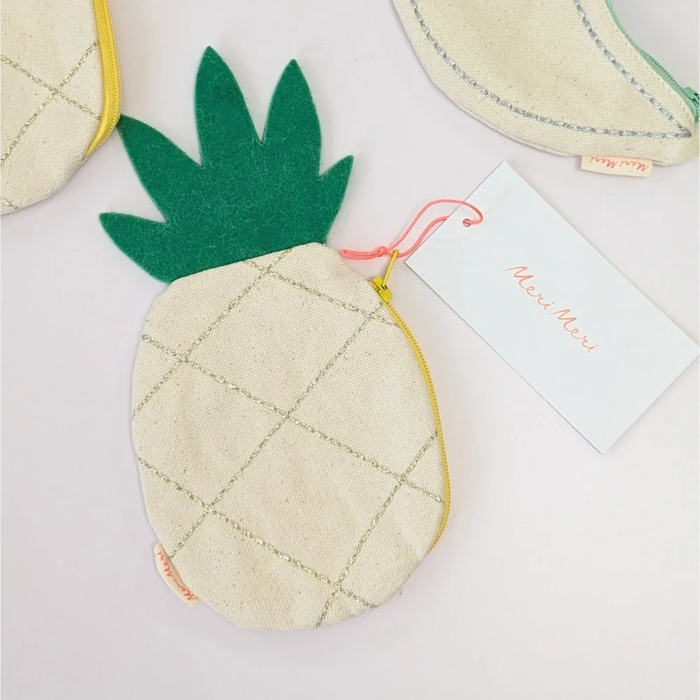 Meri Meri Coin Purse Lot Moon & Pineapple Shape Canvas Embroidered Zipper Pouch